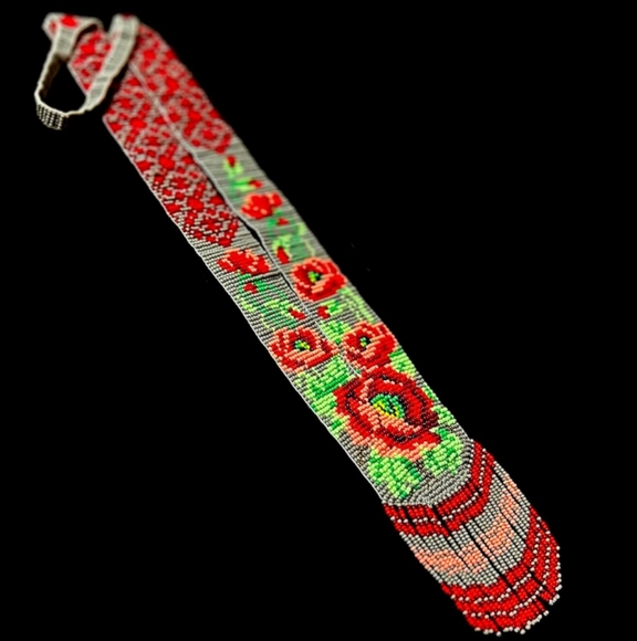 Red Rose Flowers Seed Beaded Necklace Native American Grey Floral L - Picture 10 of 11